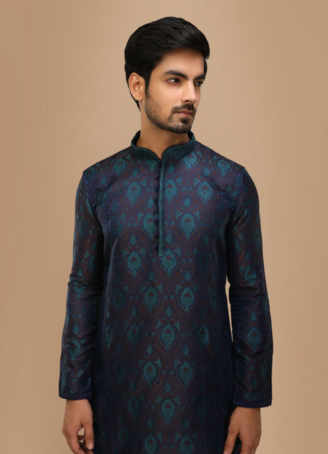 alt message - Manyavar Men Fashionable Designer Blue Kurta Set image number 0